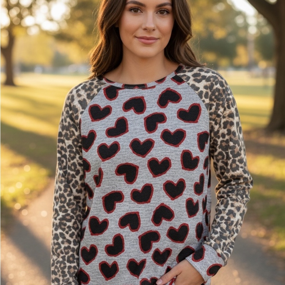 HEIMISH USA Gray Heart Raglan Top with Leopard Sleeves